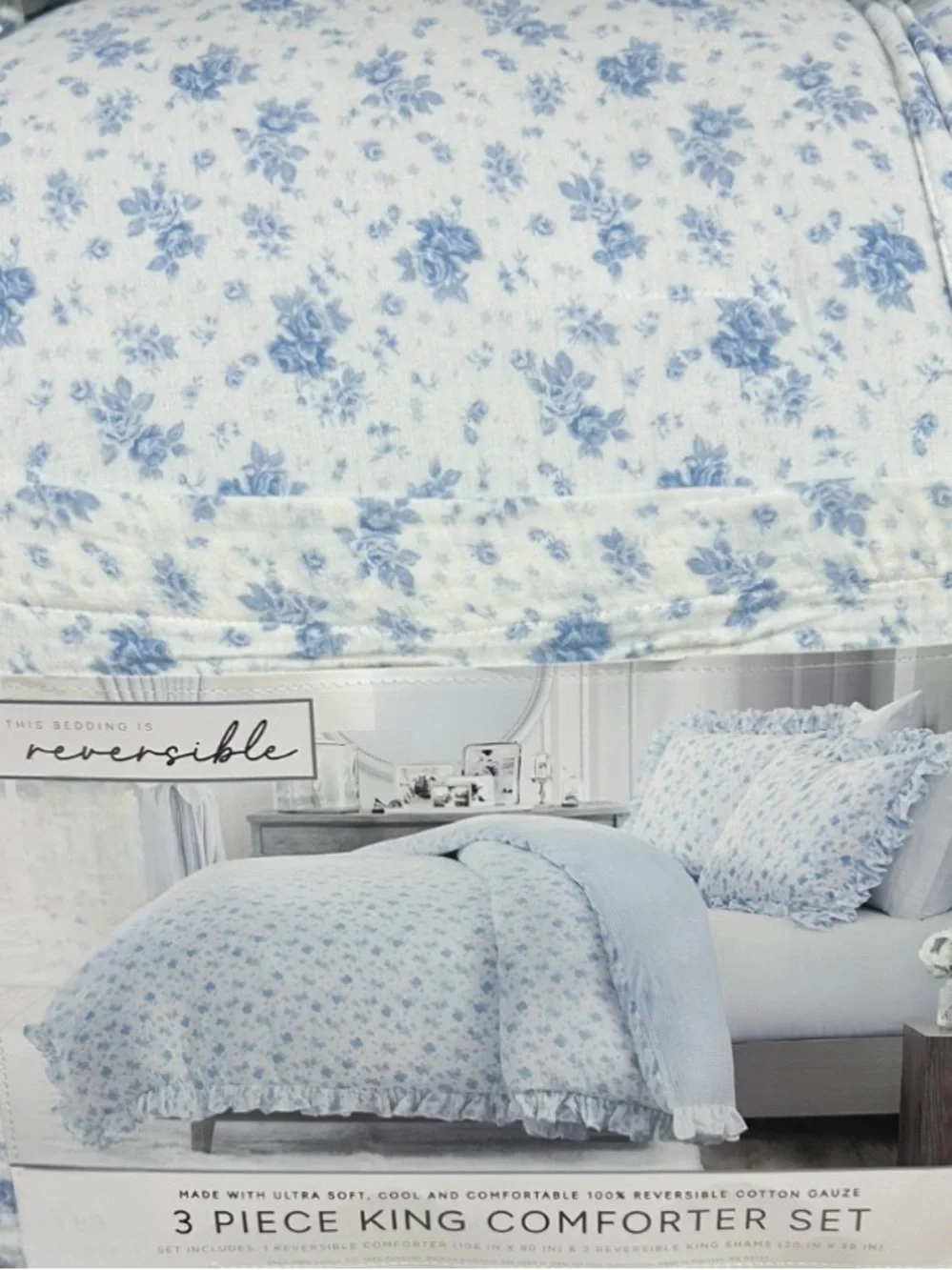 Studio Montrose Blue and White Floral King Cotton Gauze Comforter Set 106”x90”